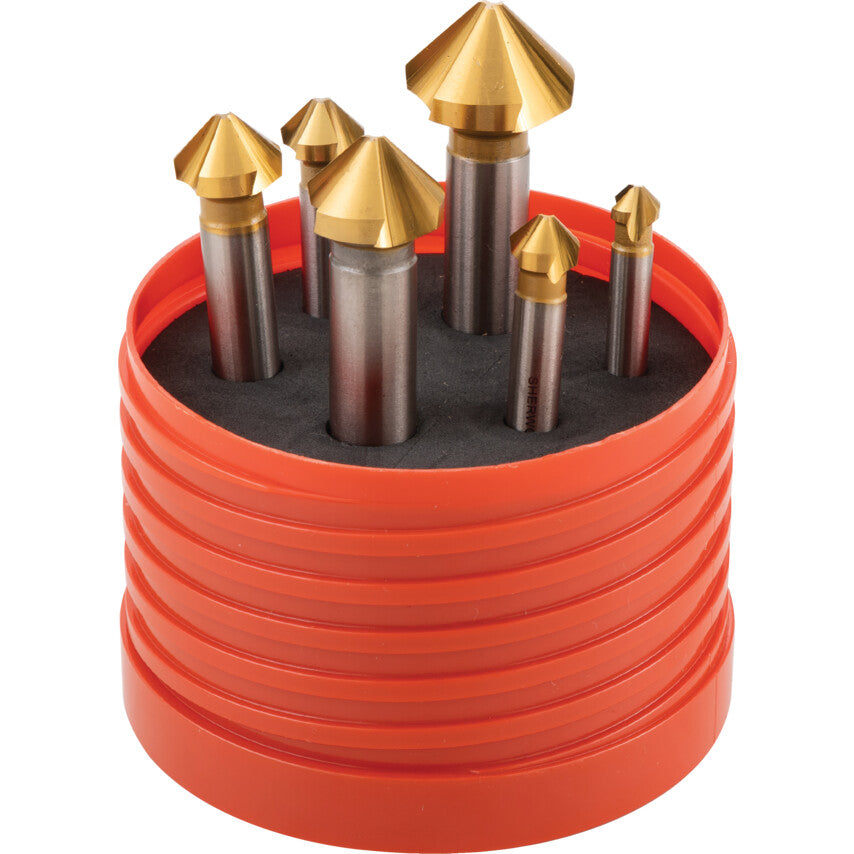 Sherwood Countersink Set, Countersink, Straight Shank, Set of 6, Cobalt High Speed Steel, TiN