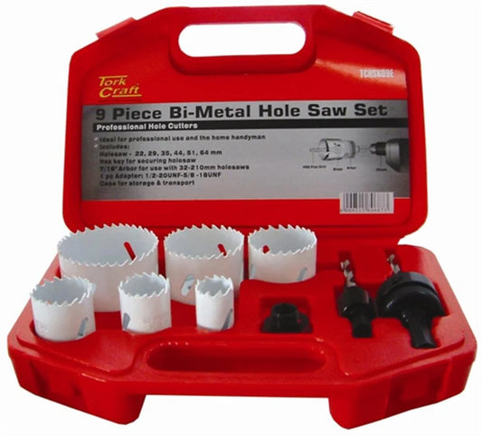 Tork Craft Holesaw Set 9pc In Case Bi-Metal 22 29 35 44 51 64mm(TCHSK09E)