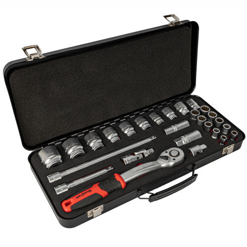 Tork Craft Socket & Ratchet Set 27pc 1/2" Dr Crv 8-32mm 12 Point Metal Case (TC75027)