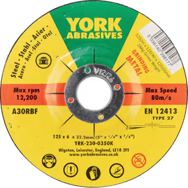 York Grinding Disc, 30-Medium/Coarse, 180 x 6 x 22.23 mm, Type 27, Aluminium Oxide