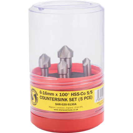 Sherwood Countersink Set, Countersink, Straight Shank, Set of 5, Cobalt High Speed Steel, Bright
