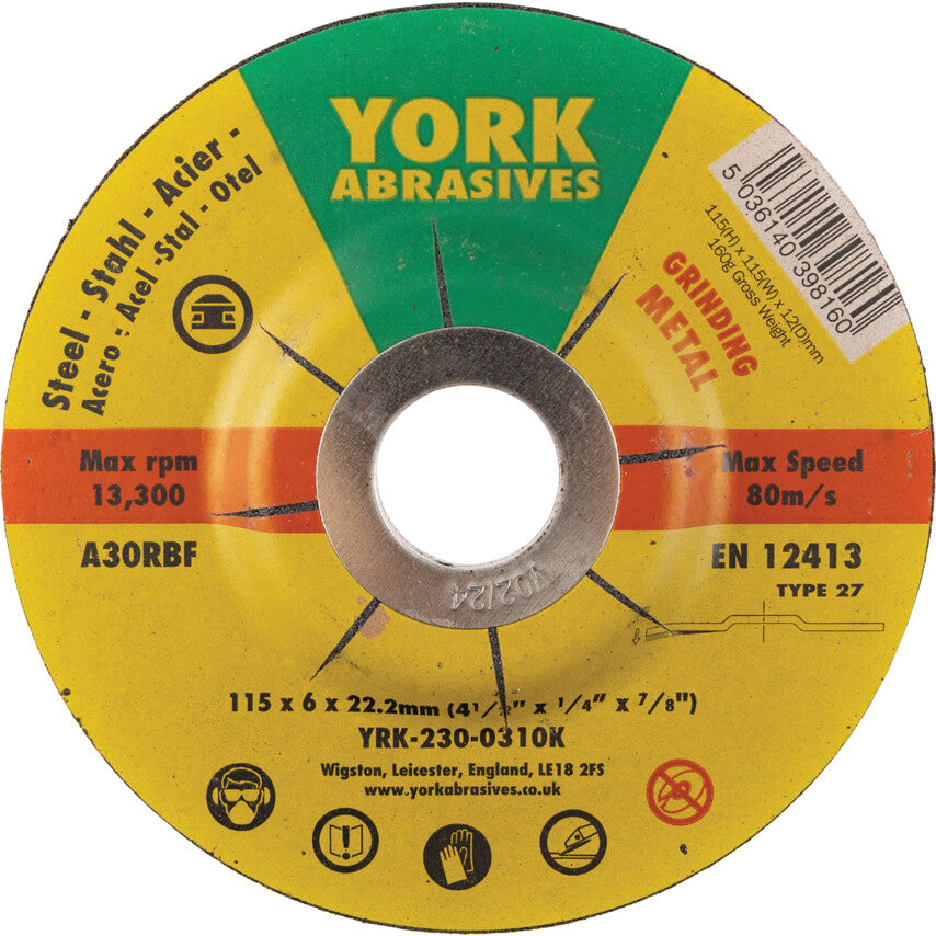 York A30RBF Reinforced Grinding Discs - Type 27 Depressed Centre